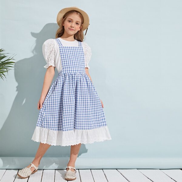 

Girls Schiffy Puff Sleeve Blouse & Buffalo Plaid Overall Dress Set, Blue and white