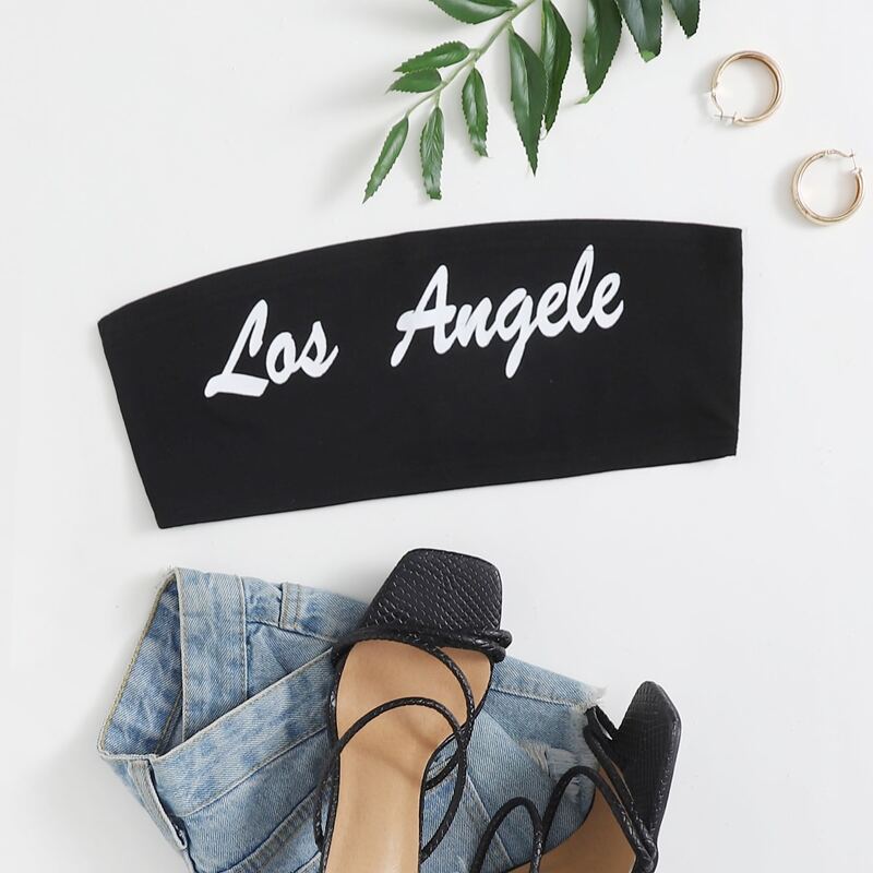 

Letter Graphic Crop Tube Top, Black