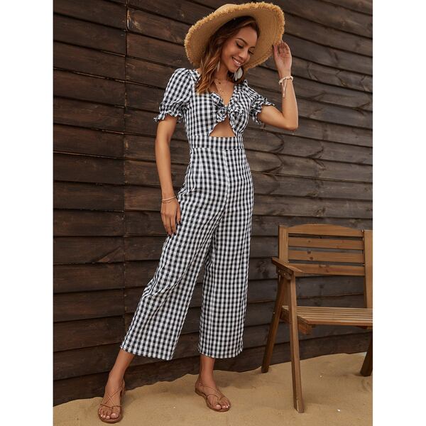 

Gingham Knot Front Cut Out Jumpsuit, Black and white