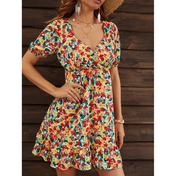 

Allover Floral Wrap A-line Dress, Multicolor