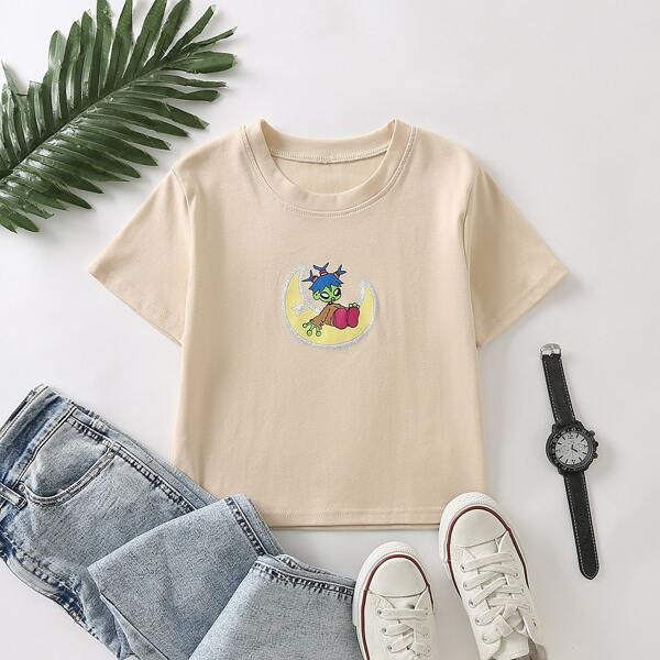 

Cartoon Graphic Round Neck T-Shirt, Beige