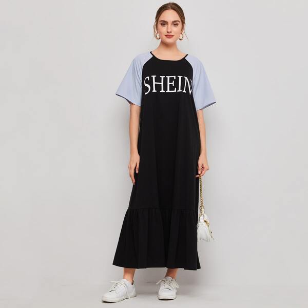

Contrast Raglan Sleeve Letter Graphic Tee Dress, Black
