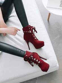Studded Decor Platform Stiletto Boots - Burgundy - View 1