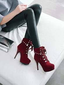 Studded Decor Platform Stiletto Boots - Burgundy - View 3