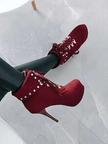 Studded Decor Platform Stiletto Boots - Burgundy - View 4