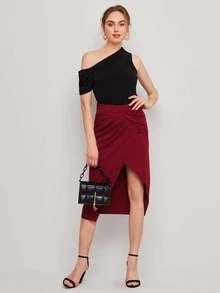 SHEIN 不對稱領抽褶細節素色上衣 - 黑色 - 查看 4