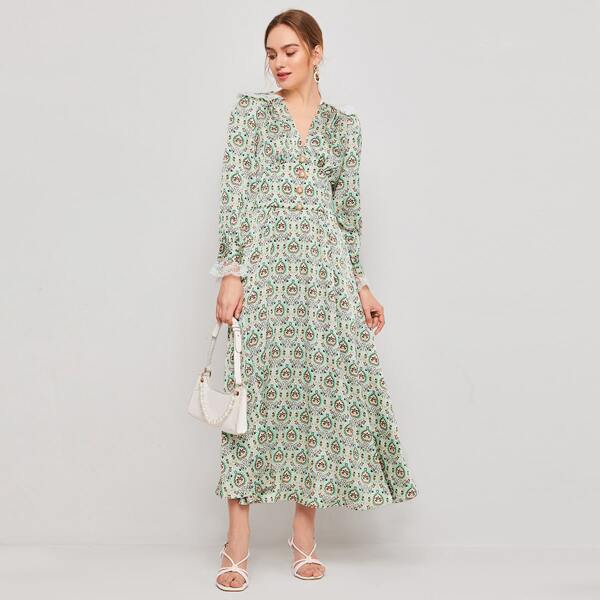 

V-neck Contrast Lace Detail Allover Print Dress, Multicolor