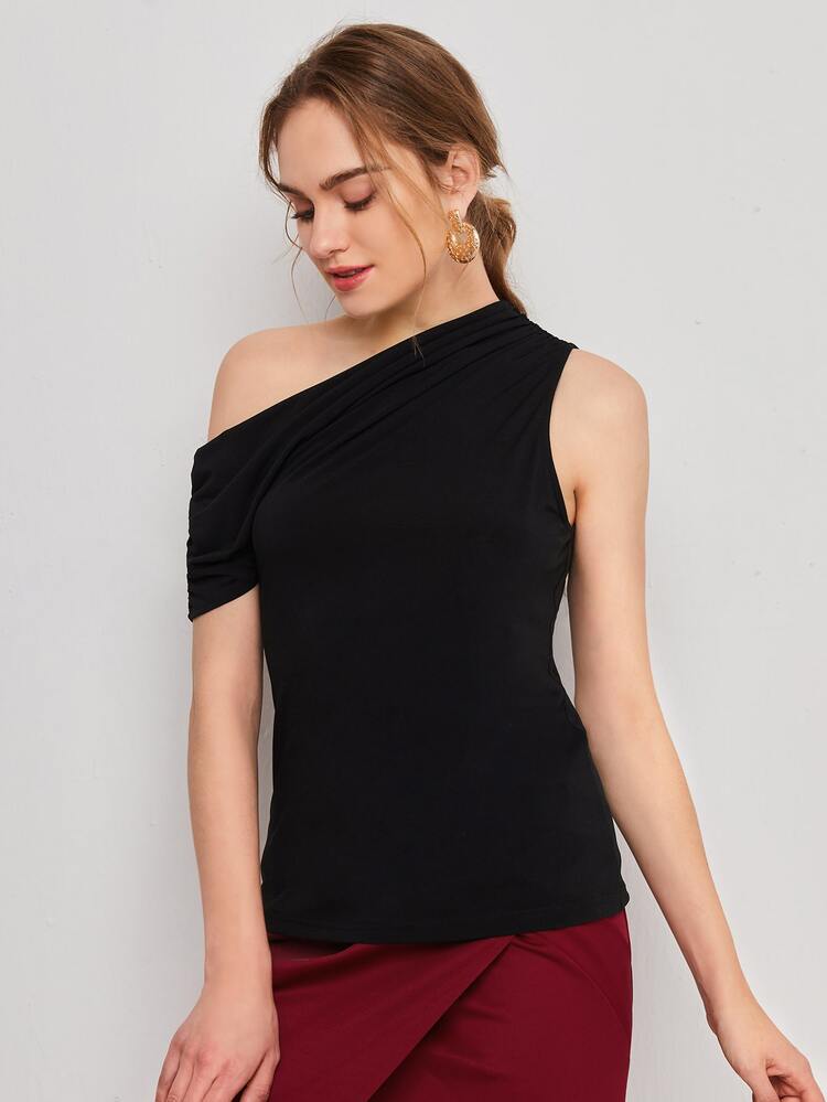 SHEIN Asymmetrical Neck Ruched Detail Solid Top - Black - View 5