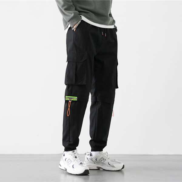 

Men Pocket Drawstring Cargo Pants, Black