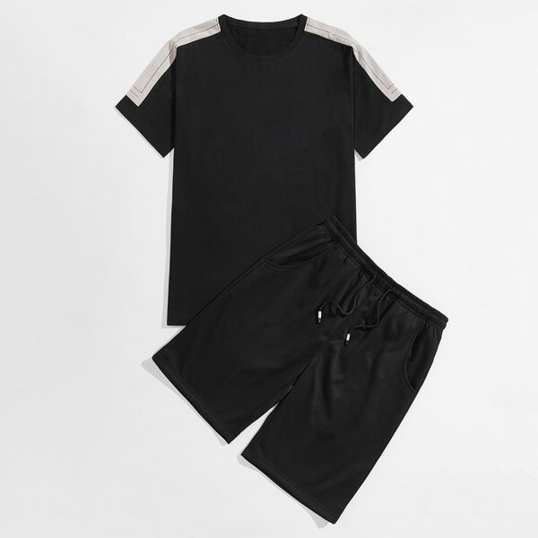 

Men Contrast Panel Tee & Drawstring Waist Shorts, Black