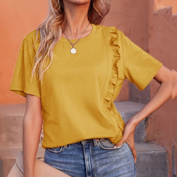 

Ruffle Trim Solid Tee, Yellow