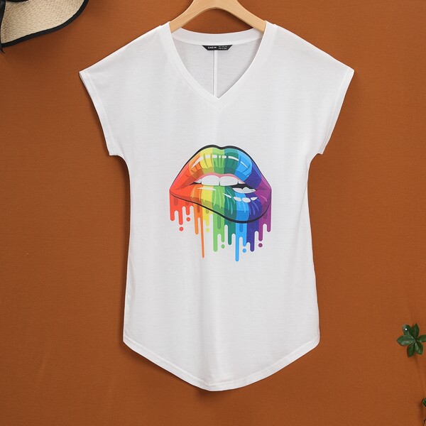 

Lip And Drip Print Curved Hem Tee, White