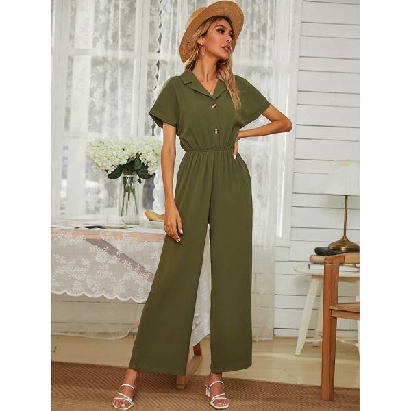 

Half Button Lapel Collar Wide Leg Jumpsuit, Army green