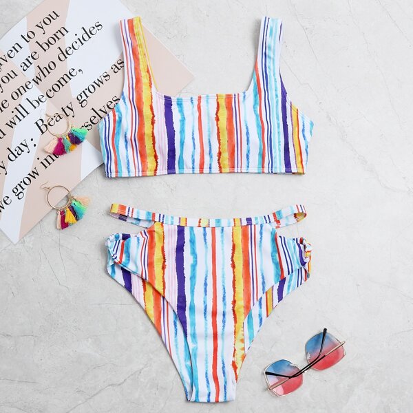

Striped High Waisted Bikini Swimsuit, Multicolor