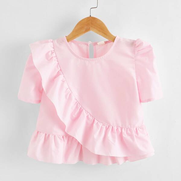 

Toddler Girls Ruffle Trim Puff Sleeve Blouse, Baby pink