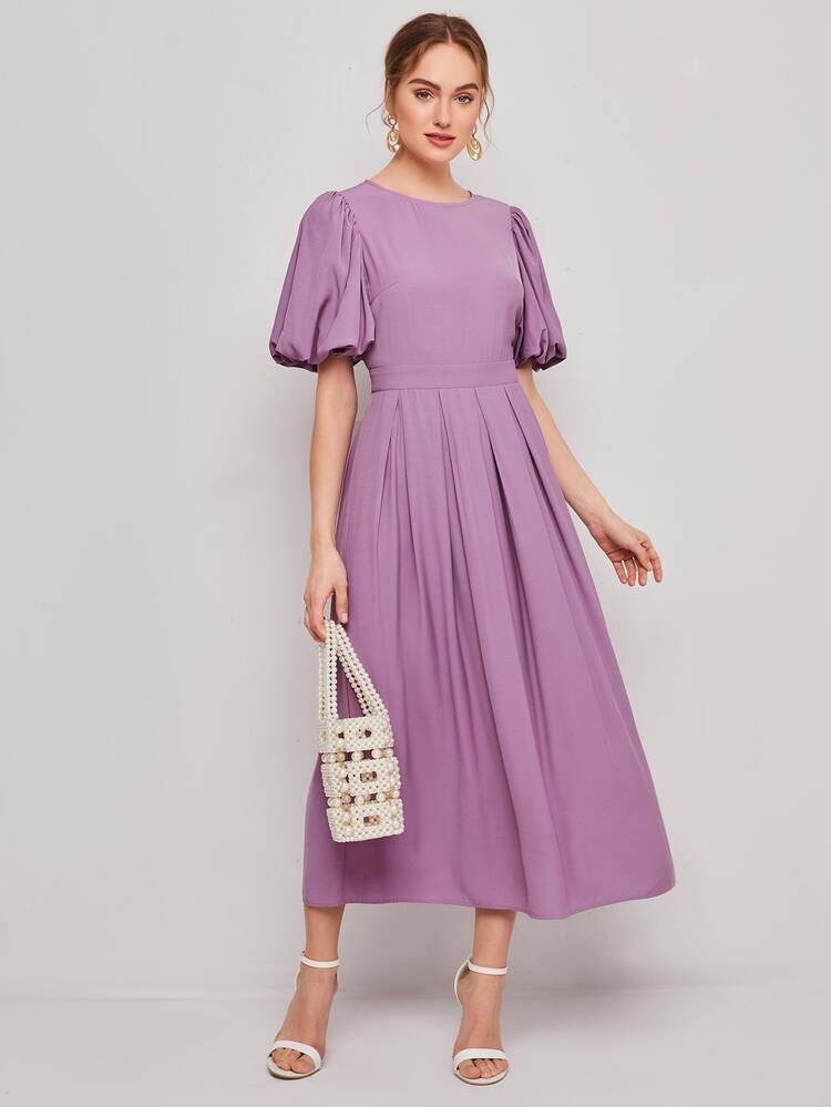 SHEIN Lantern Sleeve Solid Dress - Lilac Purple - View 3