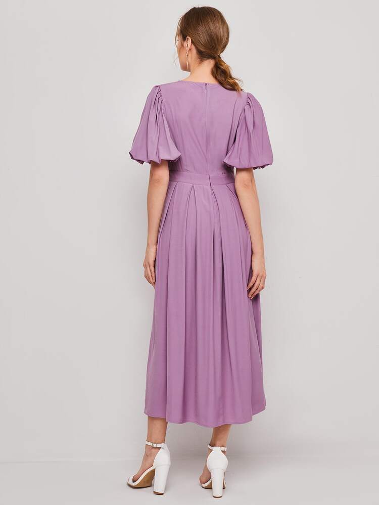 SHEIN Lantern Sleeve Solid Dress - Lilac Purple - View 2
