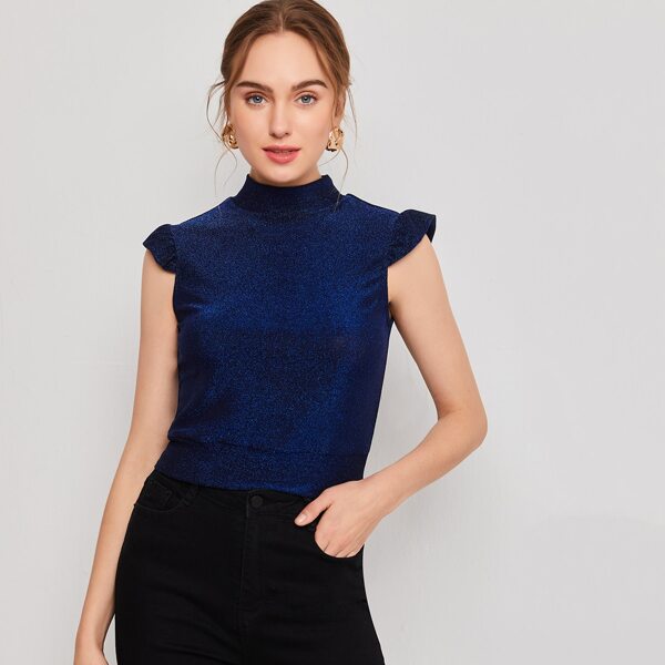 

Mock Neck Ruffle Trim Glitter Tank Top, Navy blue