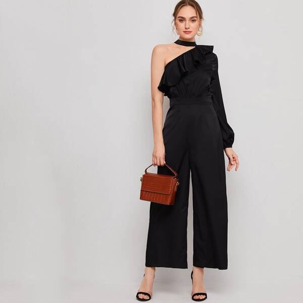 

One Shoulder Lantern Sleeve Ruffle Trim Jumpsuit, Black