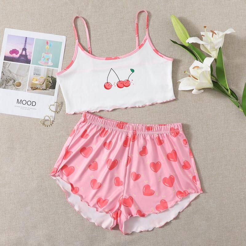 

Cherry & Heart Print Pajama Set, Multicolor