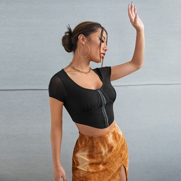 

Mesh Sleeve Bustier Crop Tee, Black