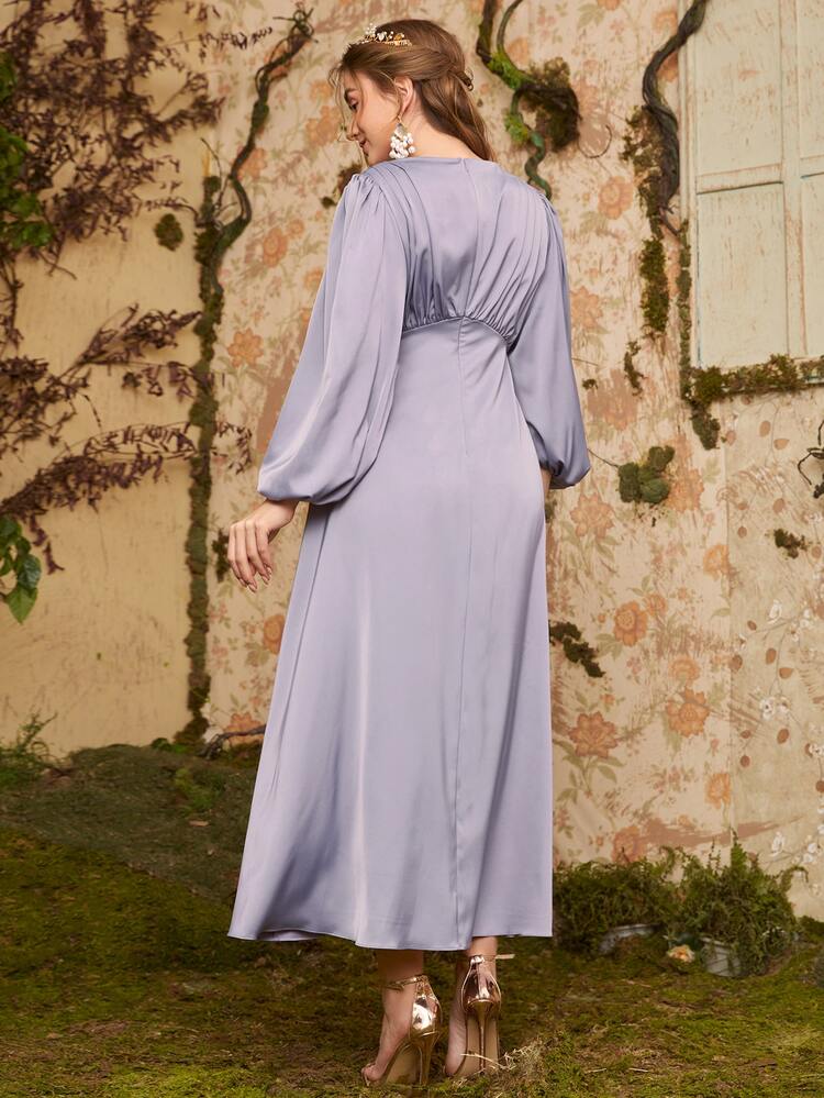 Modelyn Lantern Sleeve Ruched Solid Dress - Dusty Purple - View 2