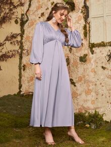 Modelyn Vestido unicolor de manga farol - Púrpura polvoriento - Ver 4