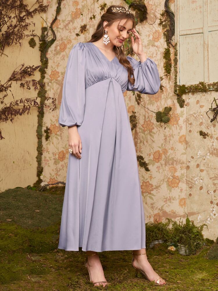 Modelyn Lantern Sleeve Ruched Solid Dress - Dusty Purple - View 4