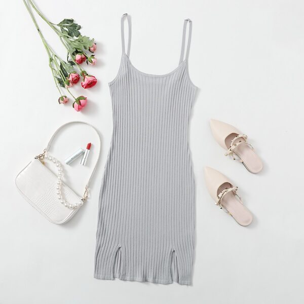 

Slit Hem Ribbed Knit Cami Dress, Light grey