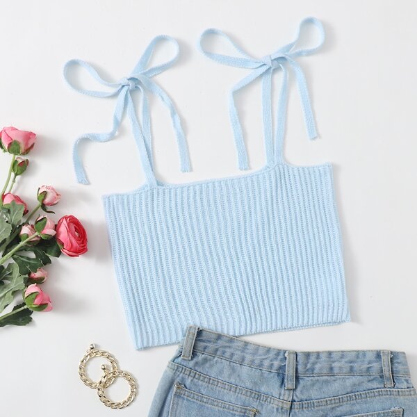 

Knot Shoulder Ribbed Knit Top, Baby blue