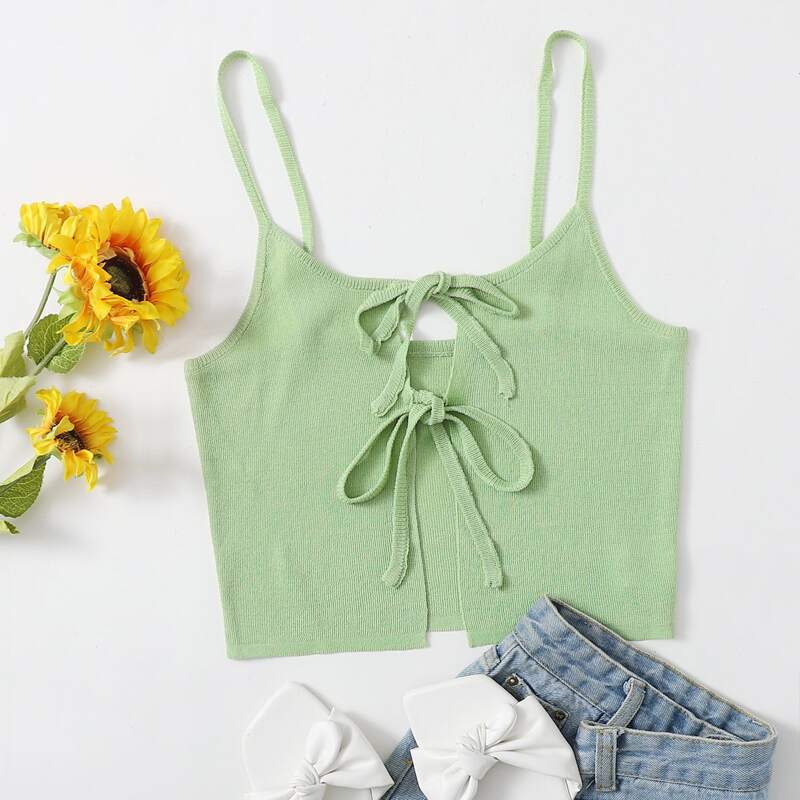 

Tie Front Ribbed Knit Top, Lime green