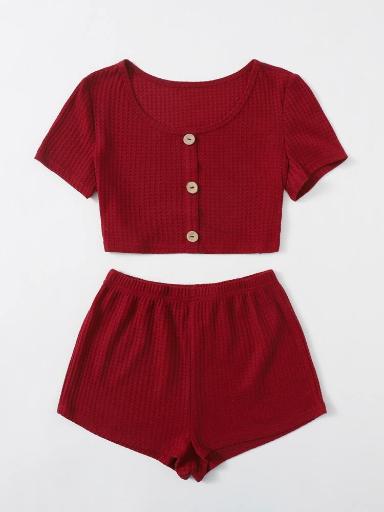 Conjunto cómodo waffle con botón delantero - Burdeos - Añade 3