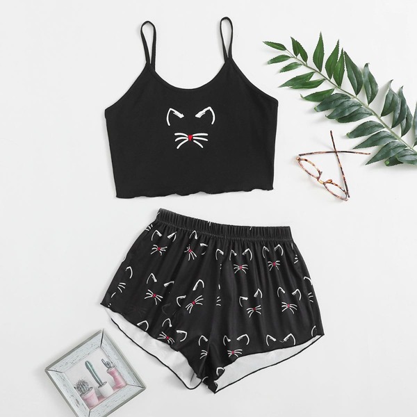 

Cartoon Graphic Cami Pajama Set, Black