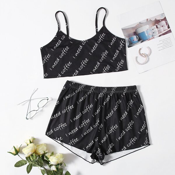 

Slogan Graphic Cami Pajama Set, Black