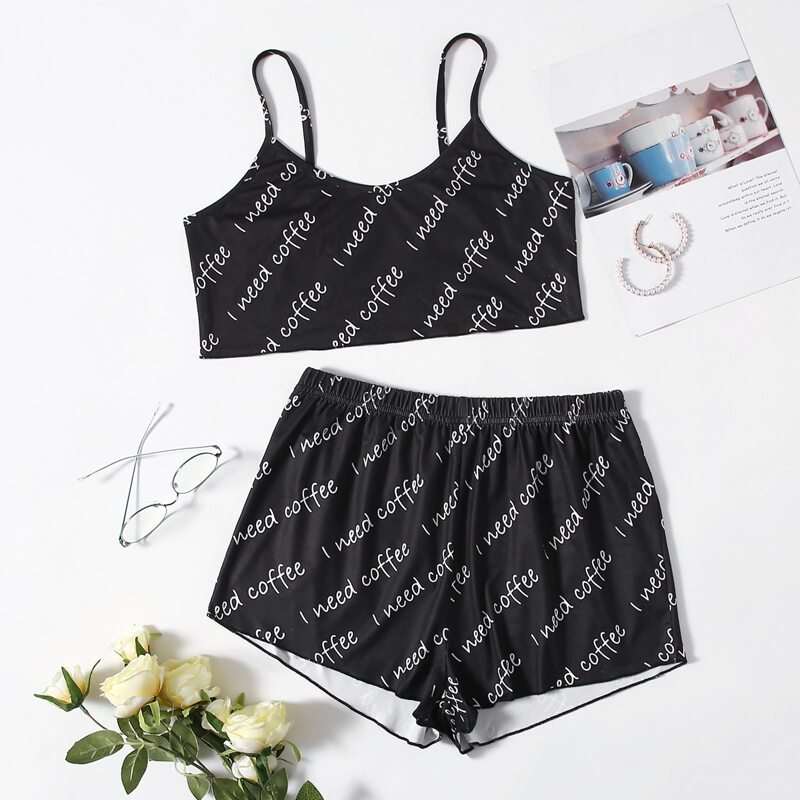 

Slogan Graphic Cami Pajama Set, Black