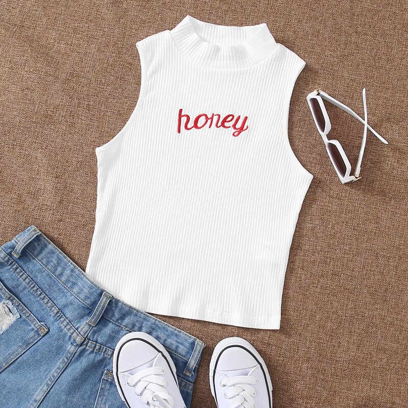 

Mock Neck Letter Embroidered Tank Top, White