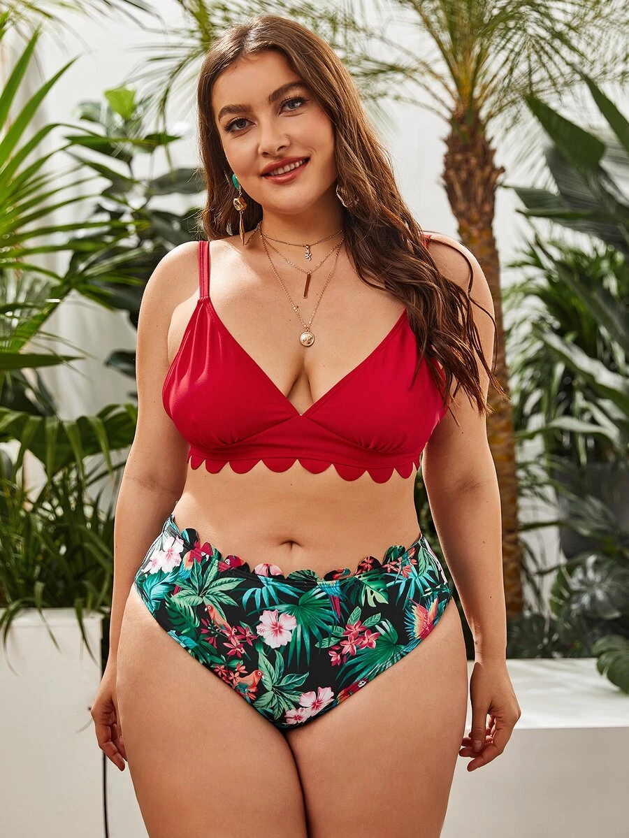 大码花卉和热带风情扇形边比基尼套装夏季海滩 - 彩色 - 查看 1
