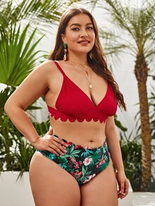 大码花卉和热带风情扇形边比基尼套装夏季海滩 - 彩色 - 查看 4