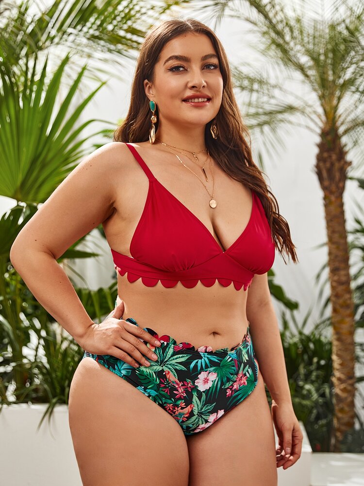 大码花卉和热带风情扇形边比基尼套装夏季海滩 - 彩色 - 查看 4