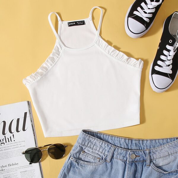 

Frill Trim Solid Tank Crop Top, White