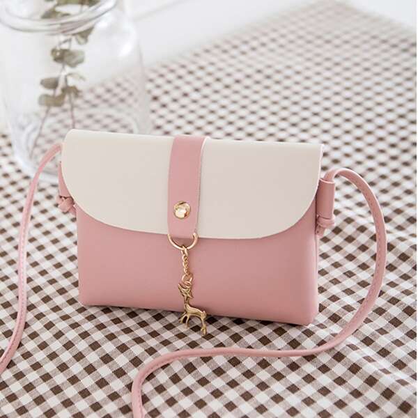 

Cartoon Charm Color Block Flap Crossbody Bag, Pink