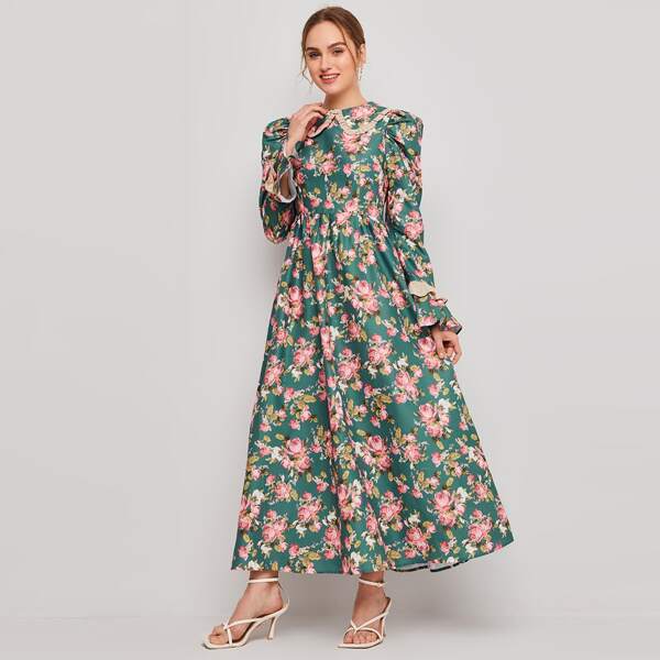 

Peter Pan Collar Floral Flounce Sleeve Dress, Multicolor