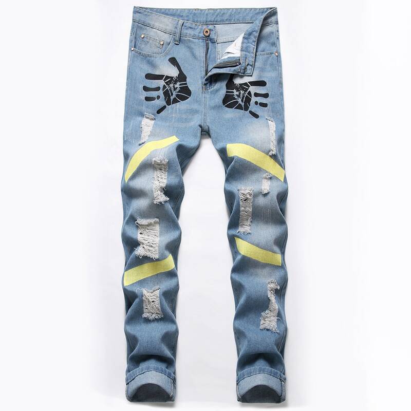 

Guys Hand Graphic Ripped Jeans, Light wash