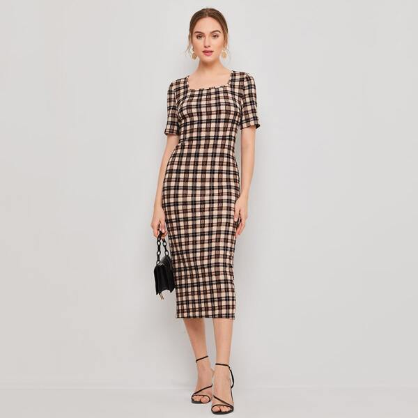 

Square Neck Split Hem Plaid Dress, Multicolor