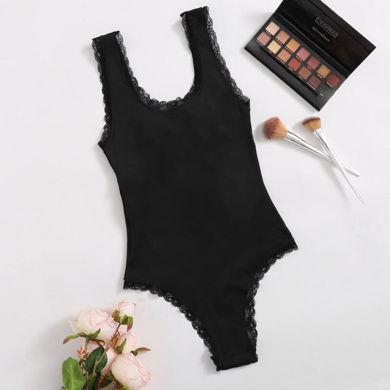 

Lace Trim Lace-up Back Teddy Bodysuit, Black