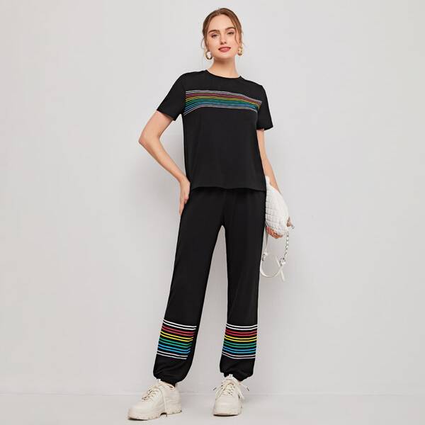 

Short Sleeve Striped Top & Joggers Set, Black