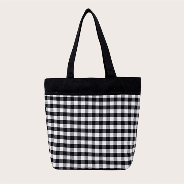 

Gingham Pattern Tote Bag, Black and white