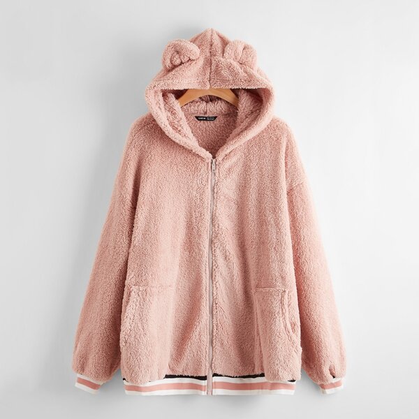 

Striped Trim Zipper Up Hooded Teddy Jacket With Ears, Dusty pink