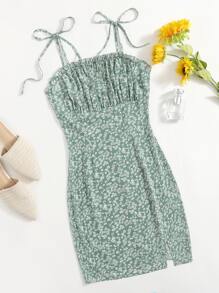 SHEIN 結飾肩抽褶胸開衩下擺小碎花連衣裙 - 彩色 - 查看 1