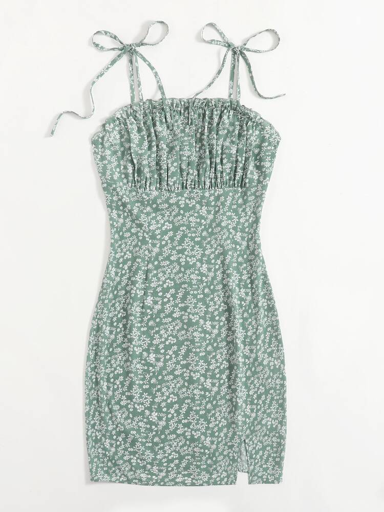 SHEIN Knot Shoulder Ruched Bust Split Hem Ditsy Floral Dress - Multicolor - View 3